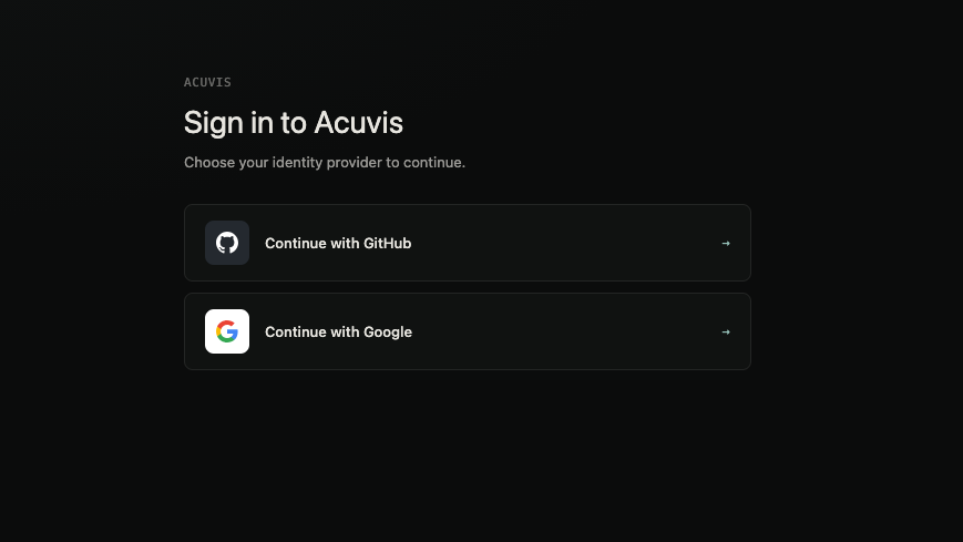 Acuvis sign-in screen with Continue with GitHub button.