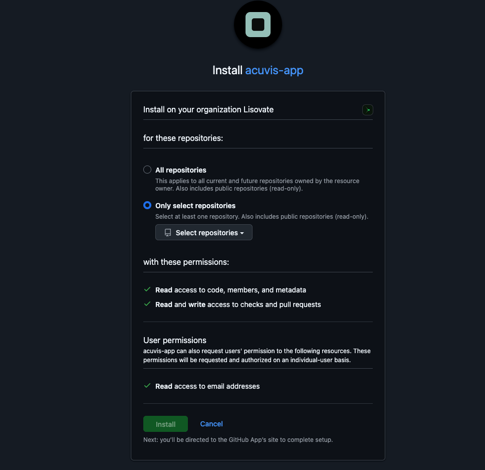 GitHub Install Acuvis screen showing the choice between all repositories and selected repositories.
