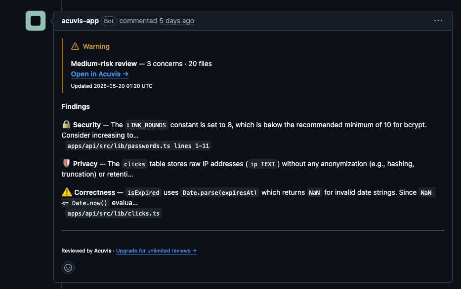 Acuvis bot comment on a GitHub pull request with a link into the review IDE.