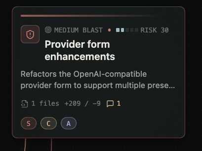 Single cluster node on the canvas showing blast radius, risk score, file count, and concern badges.