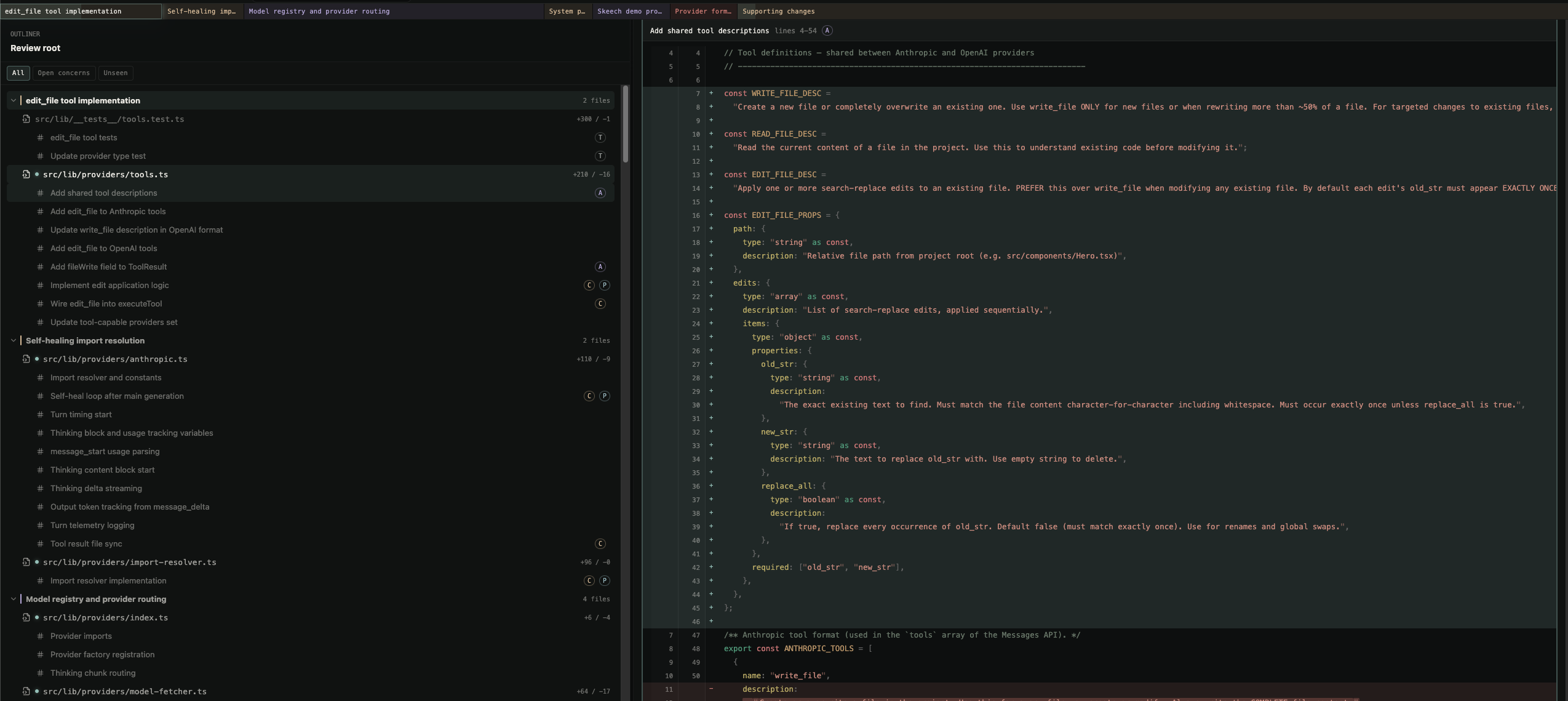 Outliner mode showing a hierarchical tree of clusters and definitions on the left and a code preview on the right.