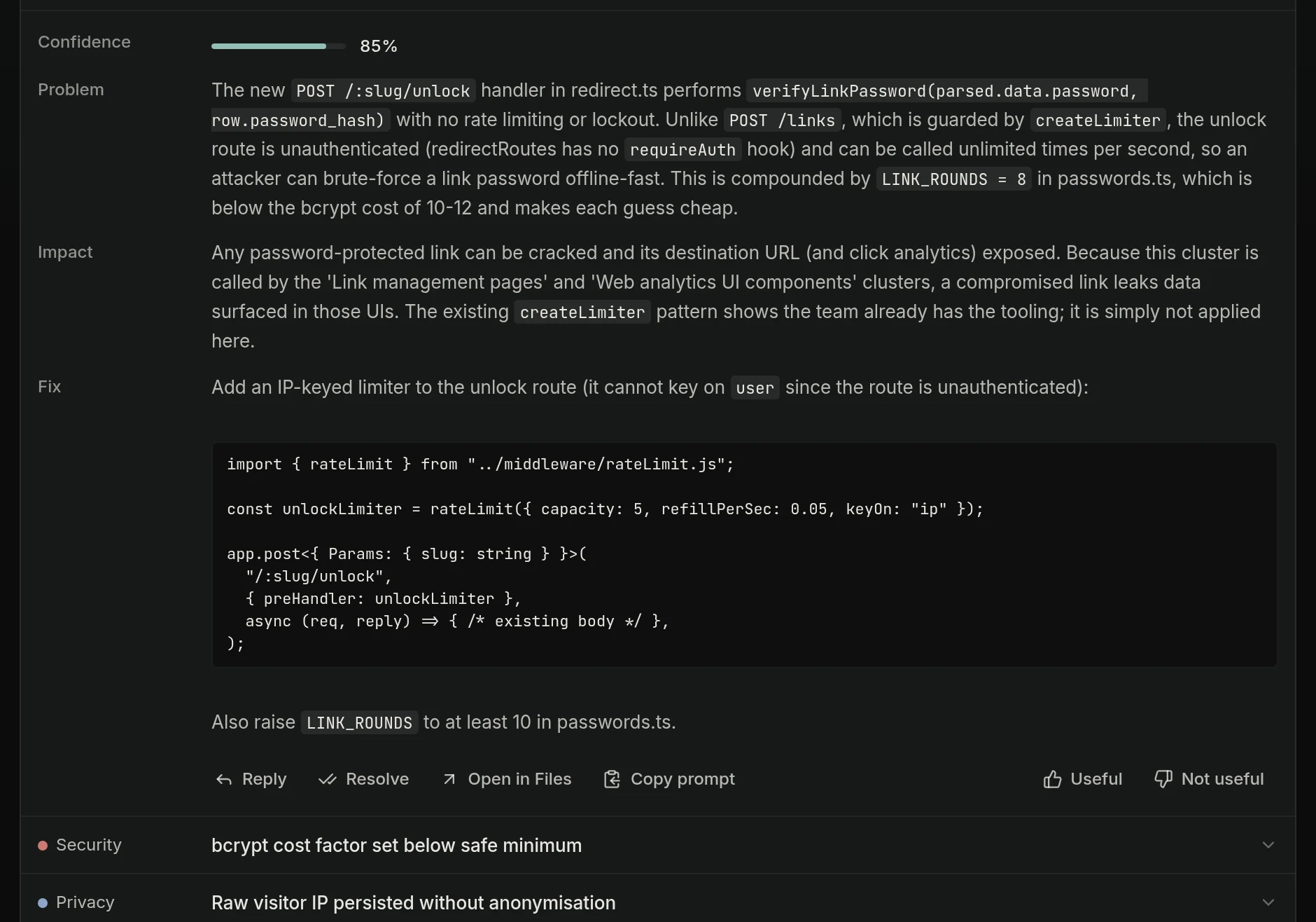 A blocking security finding in Acuvis: the unlock endpoint has no brute-force protection, with its impact and a suggested rate limiter.