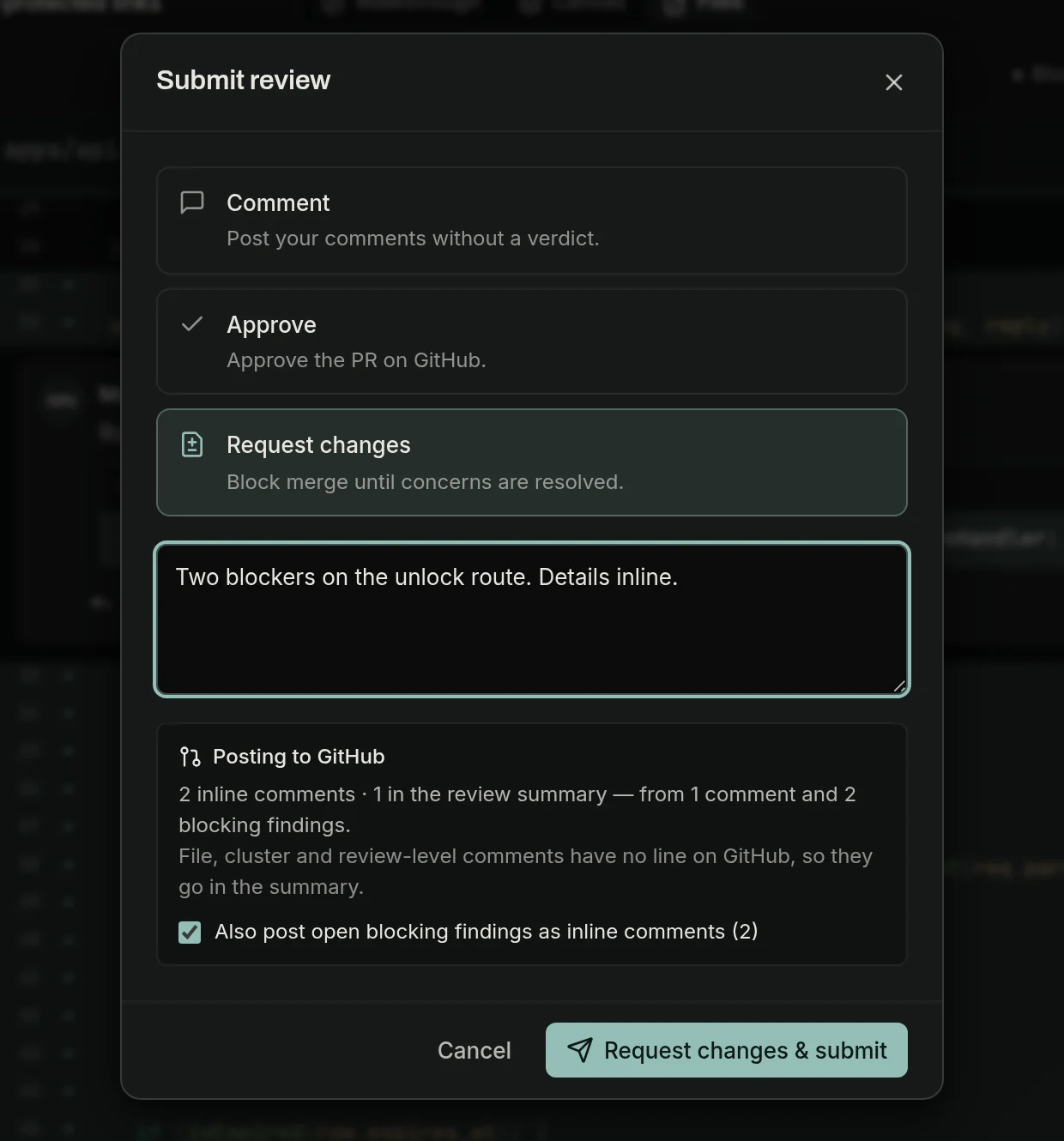 The Submit review dialog in Acuvis with Request changes selected and two inline comments ready to post to GitHub.