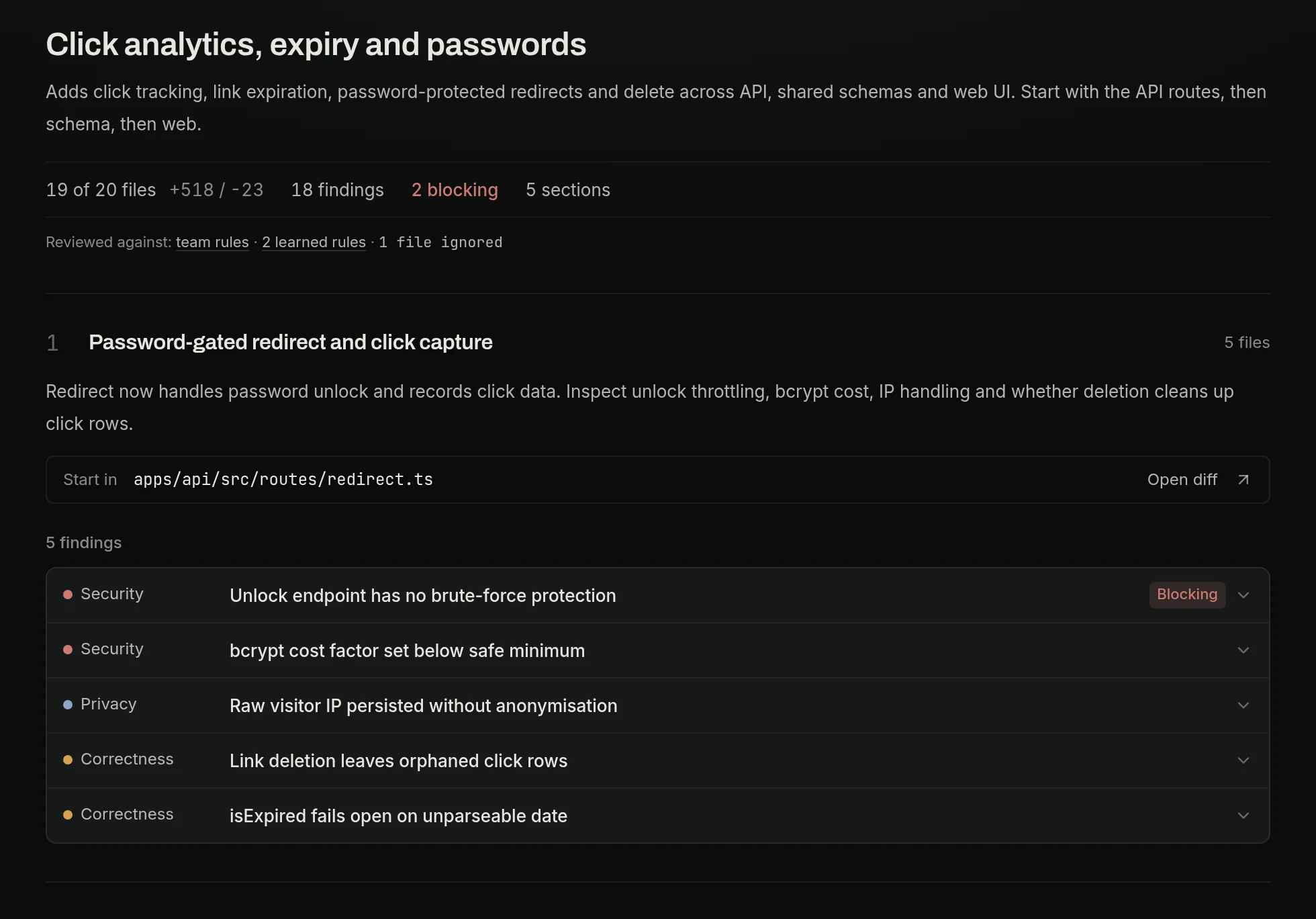 The Acuvis walkthrough for a pull request: a summary, 18 findings with 2 blocking, and part one with its five findings.